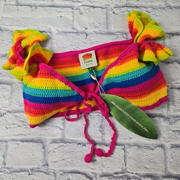 NWT Farm Rio Rainbow Crochet Bikini Top Pink Picnic Green Picnic size Medium - Picture 4 of 16